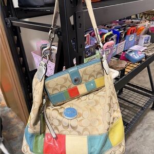 Coach Multicolor Patchwork Signature Canvas Shoulder Bag with wallet